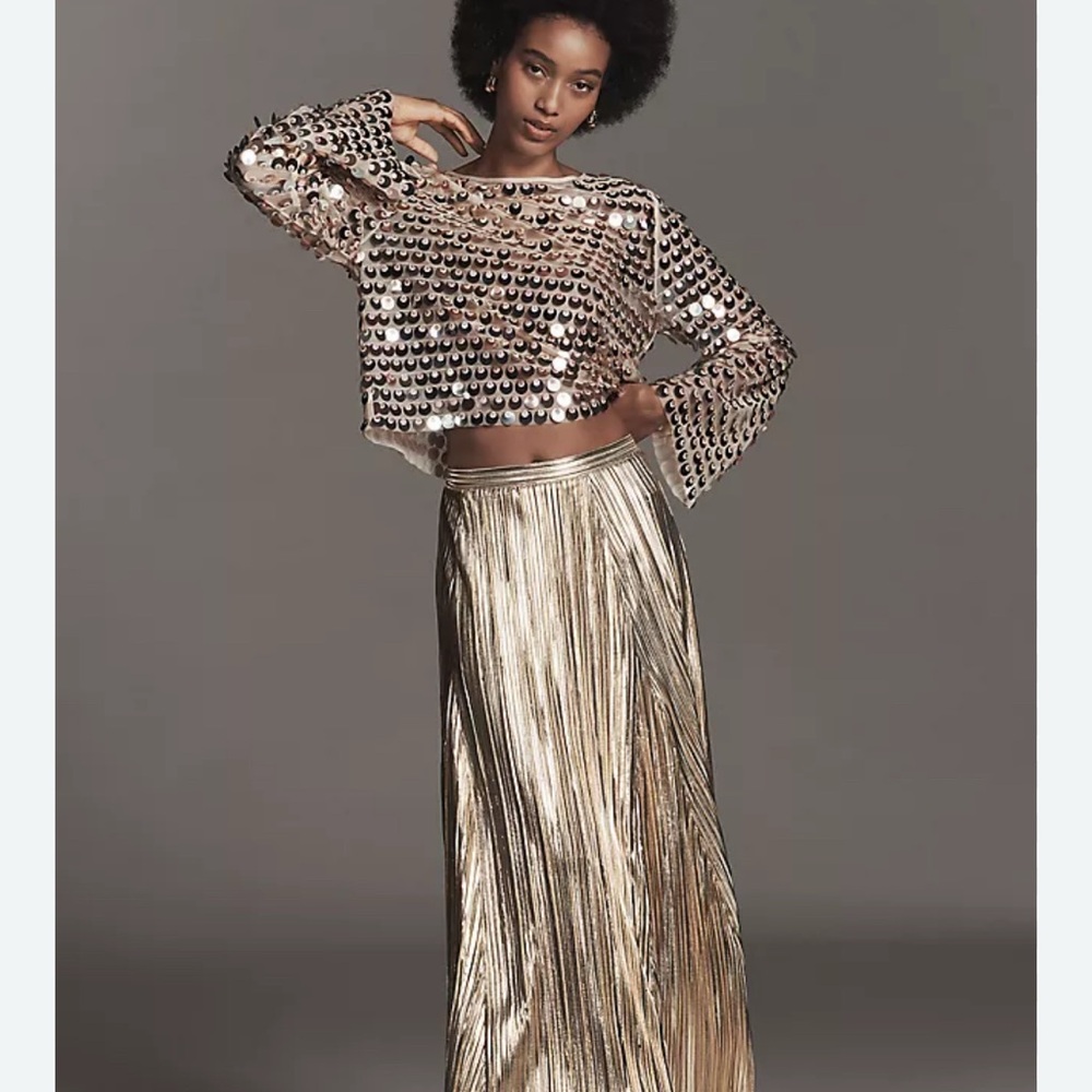 Anthropologie Metallic Gold Pleated Maxi Skirt - Women's Evening Skirt